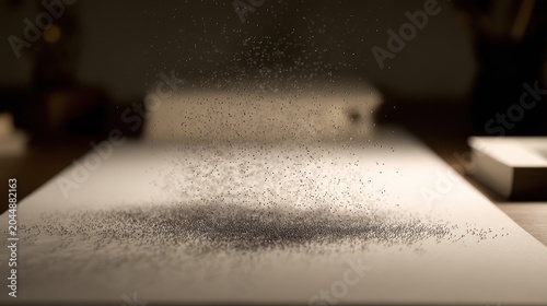 Fine black sand falling onto white surface creating a dust cloud