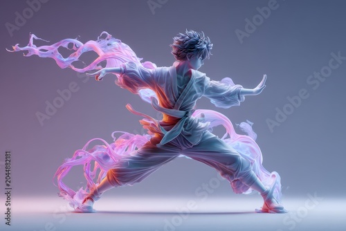 Dynamic martial arts performer in flowing costume with energy effects and vibrant lighting
