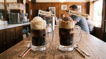 Side-by-Side Root Beer Floats – Left Glass Vanilla Ice Cream (Black Cow) – Right Glass Chocolate Ice Cream (Brown Cow) – Paper Flag Labels with Black Cow and Brown Cow – June 10

