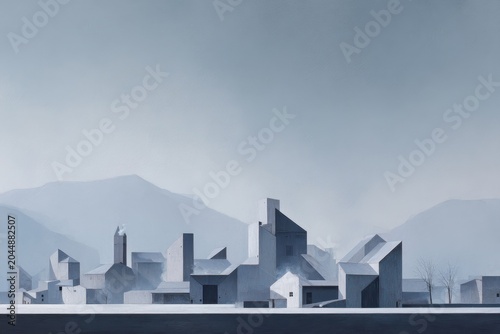 Modern Architectural Cityscape with Geometric Buildings and Mountain Backdrop