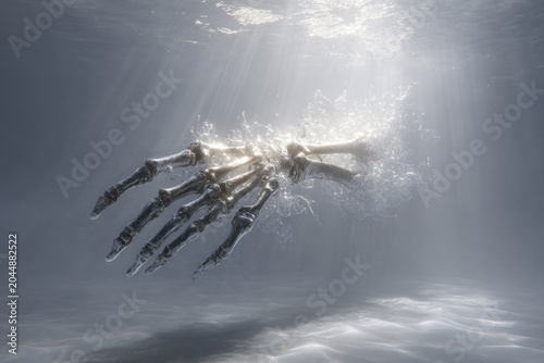 Human Hand with Extended Fingers Reaching Underwater in Clear Water