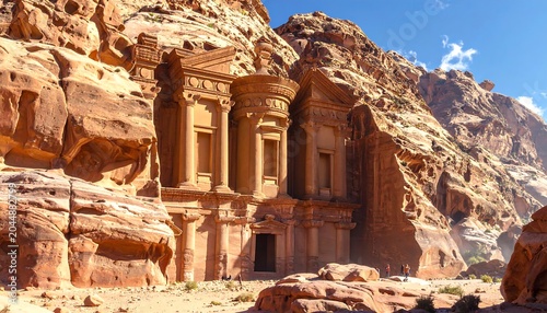 Carved sandstone structure facade, monumental, nestled within canyons. Sunlight bathes ancient architecture in warm hues, figures