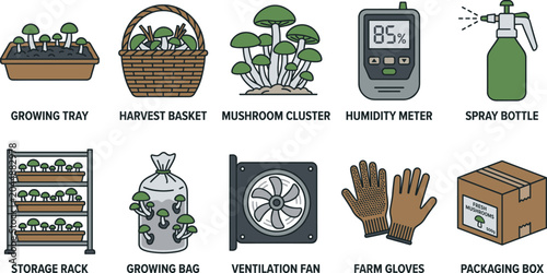 Tableau sur toile Mushroom Farming Equipment and Cultivation Tools Vector Icon Set for Commercial