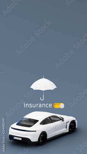 White supercar with umbrella, insurance text, and toggle switch on blue background, showing vehicle coverage and protection plan. 3d rendering.