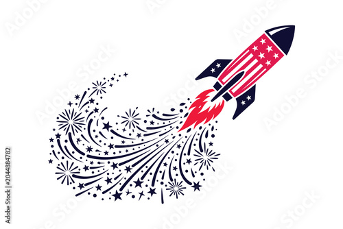 Rocket Launch with Fireworks and Stars