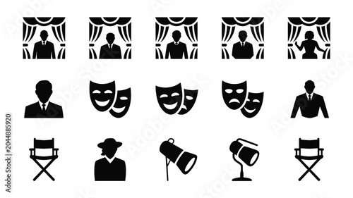 Foto Set of 15 Black Theater and Stage Actor Vector Icons