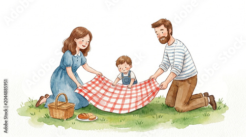 Family picnic with joyful parents setting up a blanket in a sunny park