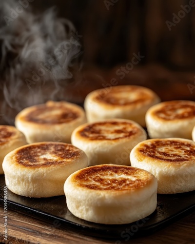 Golden browned English muffins stacked ready for breakfast