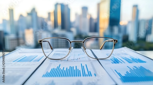 Pair of glasses resting on financial charts with city backdrop