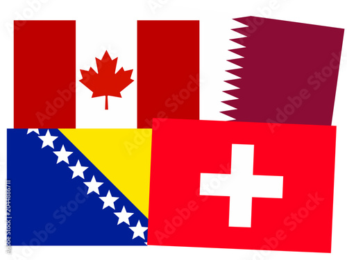 the flags of canada, qatar, switzerland, and bosnia and herzegovina are in one frame