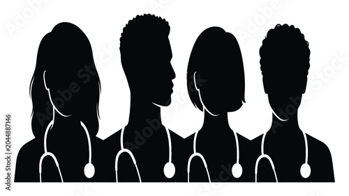 Schilderij op canvas Doctors stand together in a row to form a professional medical team silhouette representing healthcare workers