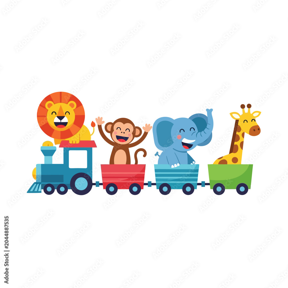 Fototapeta premium Cartoon Animals on a Train: Lion, Monkey, Elephant, Giraffe