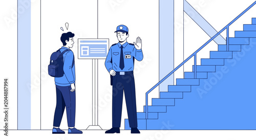 Security guard stops student at entrance, public building safety concept