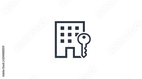 Building icon combined with a house key represents real estate services and property management solutions for modern urban living.
