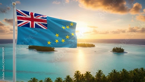 National flag of Tuvalu waving on the wind in front of a beautiful panorama landscape of the nation