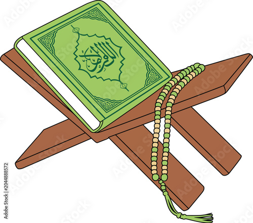Canvas Print Quran book on a wooden stand with prayer beads vector illustration