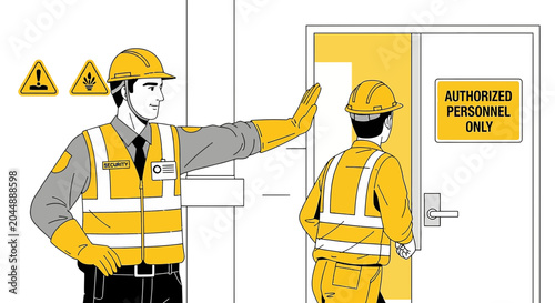 Security Guard Stops Unauthorized Person at Restricted Area Door