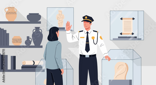 Security guard stops visitor at museum exhibit, preventing access to artifacts.
