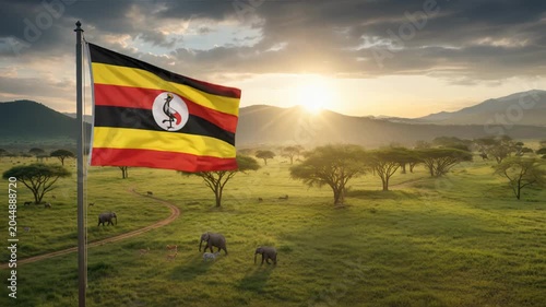 National flag of uganda waving on the wind in front of a beautiful panorama landscape of the nation