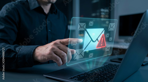Businessman interacting with a holographic email warning icon on a digital interface representing cybersecurity threats and phishing attacks