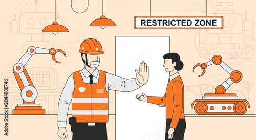 Security Guard Stops Visitor Entering Restricted Industrial Zone with Robots