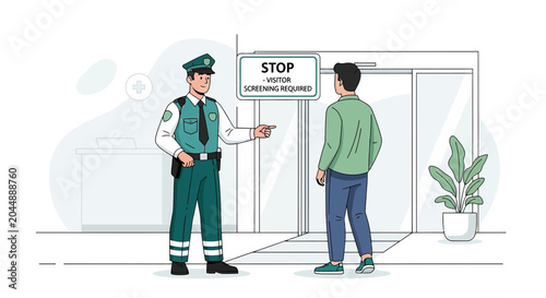 Security Guard Stops Visitor for Screening Outside Building Entrance