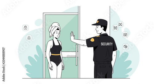 Security Guard Stops Woman at Doorway - Modern Illustration Flat Design