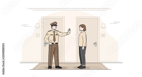 Security Guard Stops Woman at Doorway, Access Denied Concept Illustration