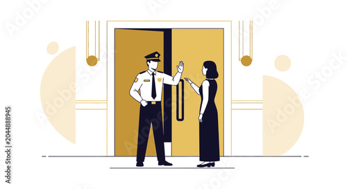 Security Guard Stops Woman At Elegant Entrance, Illustration Art