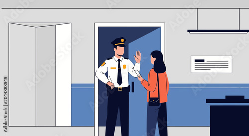 Security Guard Stops Woman at Doorway, No Entry Concept