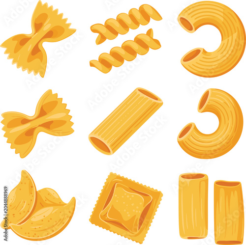 Foto Assorted dry pasta shapes and forms on transparent background.