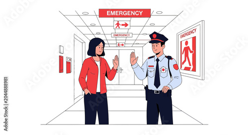 Security Guard Stops Woman at Emergency Exit in Hallway