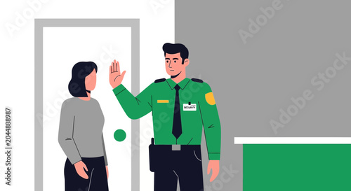 Security Guard Stops Woman at Entrance - Flat Design