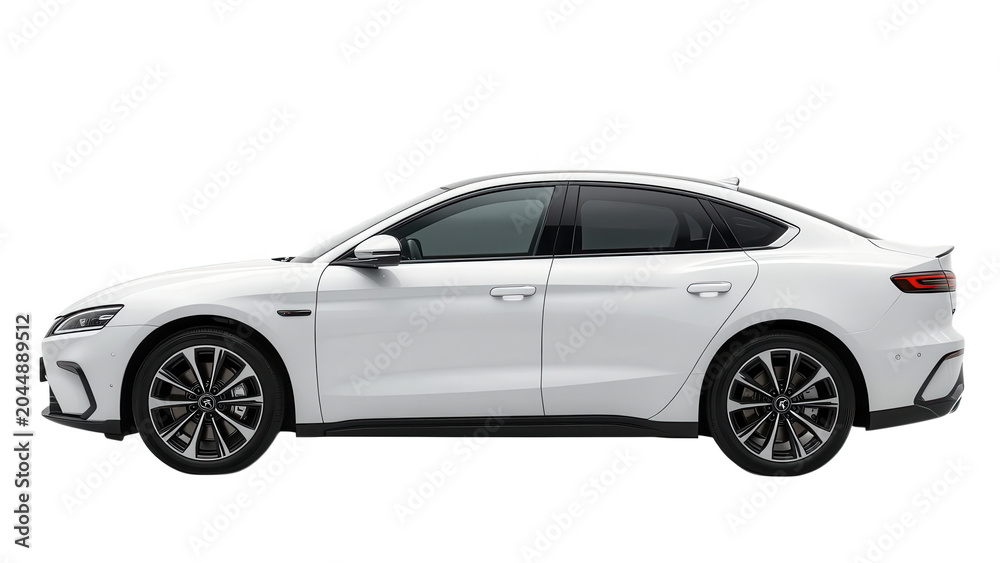 Obraz premium White Sedan Car Side View Isolated Transparent Background