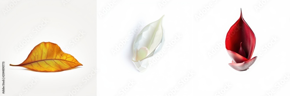 Fototapeta premium Three leaves displayed. Colors varyyellow, white, red. Minimalist presentation, clean backgrounds, botanical study.