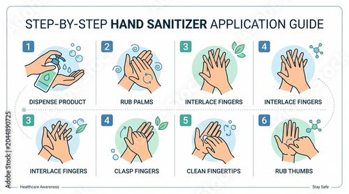 Step-by-step sanitizer application guide, simple hands illustration, healthcare awareness infographic, minimalist vector style