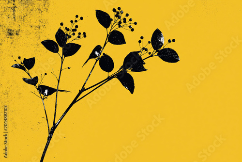 Silhouette of black flowers and leaves against a bright yellow background during daylight hours