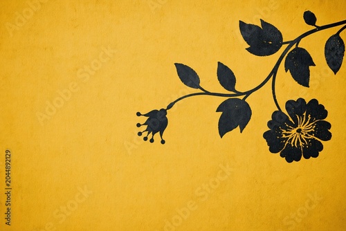 Black flower and leaf mural on yellow wall in bright indoor space during daylight hours