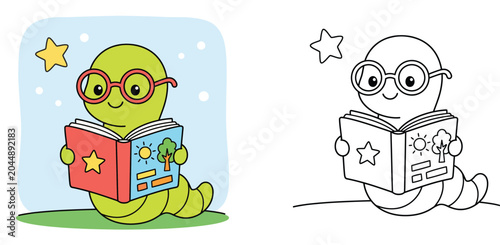 Quadro su tela Cute cartoon bookworm character reading a book, colorful illustration and black