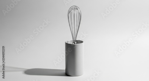 Wire whisk in white ceramic holder on clean background