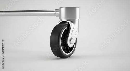 Close-up of a single black caster wheel with silver metal frame