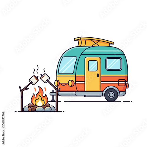 Cozy Campervan and Roasting Marshmallows by Campfire, Outdoor Adventure
