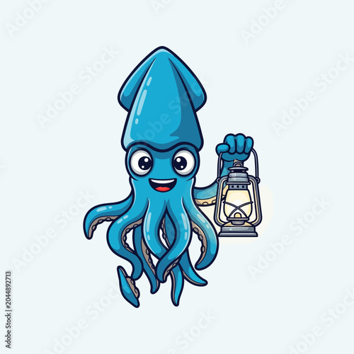 Cute Blue Squid Holds Old Lantern, Cartoon Vector Art