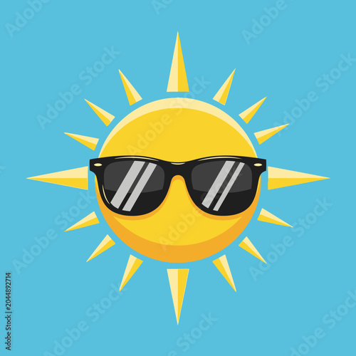 Cool Sun Wearing Sunglasses, Summer Icon, Blue Sky Background