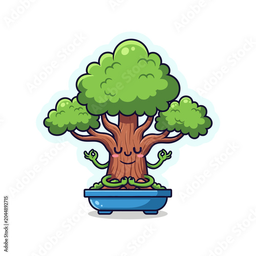 Cute Cartoon Bonsai Tree Meditating Zen Harmony