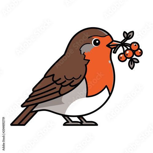 Cartoon Robin Bird with Berries in Beak, Cute Feathered Animal Illustration