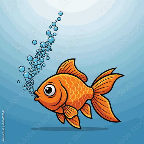 Cute cartoon goldfish blowing bubbles underwater