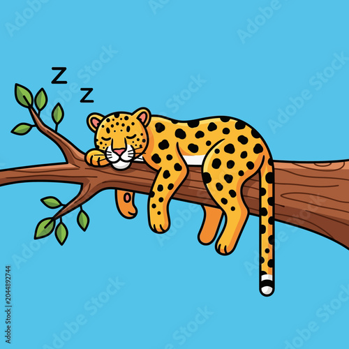Cute cartoon jaguar sleeping on a tree branch, peaceful nap