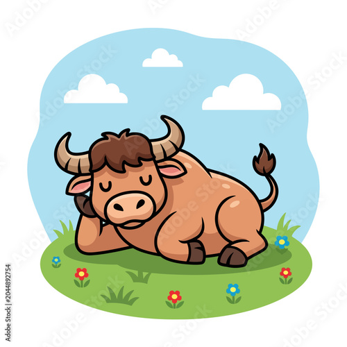 Cute Cartoon Ox Sleeping in a Grassy Meadow with Flowers