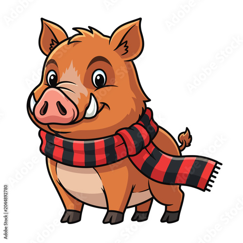 Cute cartoon wild boar wearing a striped scarf, standing, isolated on white